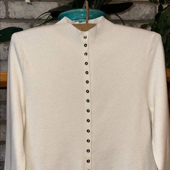 Mango XL Ivory Fine Knit Ribbed Mock Neck Mini Button Front Wool Blend Cardigan - Picture 9 of 16